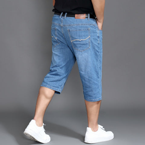 Pantalones cortos de mezclilla de gran tamaño para hombres delgados, pantalones cortos de mezclilla agrandados para hombres gordos de verano, pantalones vaqueros elásticos de cintura alta holgados 