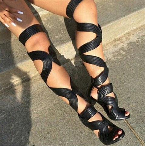 Sandalias de gladiador sexis con punta abierta, Botas para mujer con cordones, Botas altas hasta el muslo, tacones altos, zapatos de cuero negro, Botas para mujer