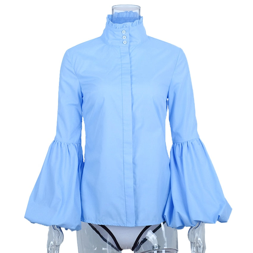 Long Wide Lantern Sleeve Blue Blouse Women Button Down Blouses Shirts Female Autumn Winter Tops