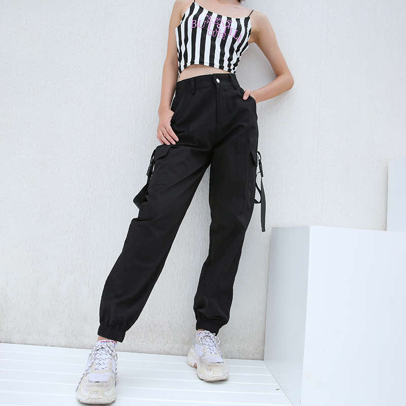 Black High Waist Cargo Pants Women Pockets Patchwork Loose Streetwear Pencil Pants Fashion Hip Hop Women's Trousers