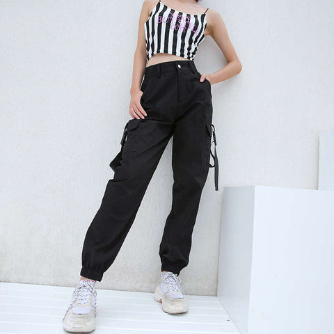 Black High Waist Cargo Pants Women Pockets Patchwork Loose Streetwear Pencil Pants Fashion Hip Hop Women's Trousers