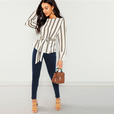 White Office Lady Elegant Striped Print Scoop Neck Long Sleeve Blouse Workwear Women Tops And Blouses