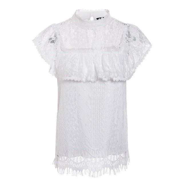 O neck lace hollow out women blouse shirt Embroidery ruffle lining elegant blouses female Summer party blouses and tops