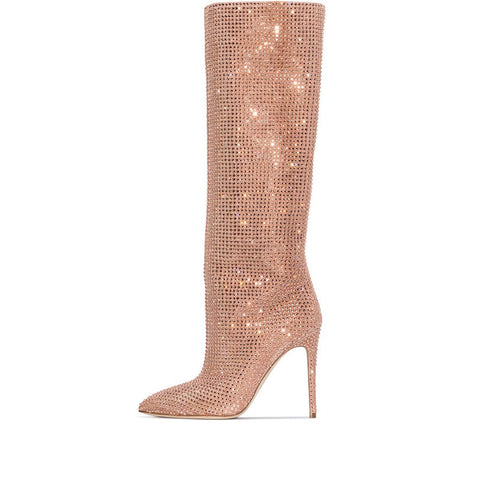 Gypsophila Rhinestone Pointed Toe Stiletto High-Heeled Knee-High Boots Plus Size Catwalk Women's Boots