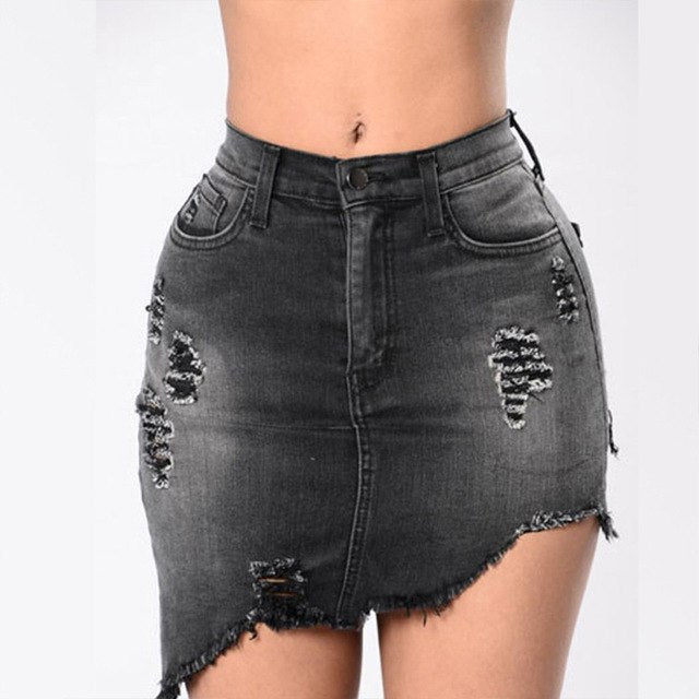 Black/Blue Wash Denim Ripped Tassel Package Hips Mini Skirts High Waist Sharp Edge Irregular Cutting Pencil Skirts Club Wear