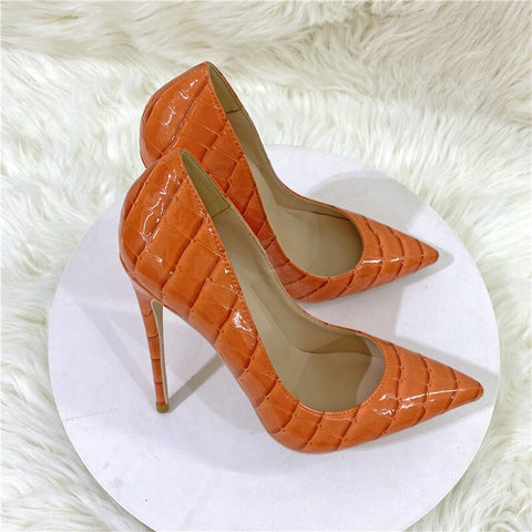 New Orange Snake Pattern High Heels 12Cm Pointed Toe Stiletto Pumps Women's Shoes