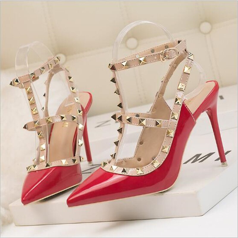 New 10CM woman Sexy nightclub stiletto heels patent-leather metallic rivet hollow Roman fashion sandals