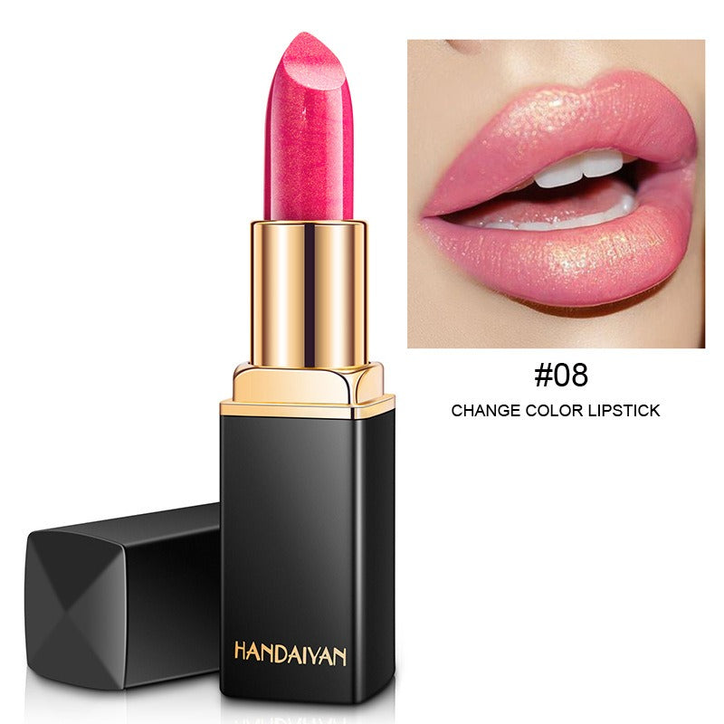 HANDAIYAN Lápiz labial metálico brillante Cambio de color nacarado Lápiz labial cálido Lápiz labial dorado