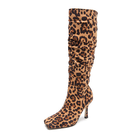 Leoparden-Druck-Stiefel mit hohen Absätzen, quadratischer Kopf, dünner Absatz, Stiefel für Damen, neuer Stil, Herbst und Winter, Stiefel mit hohen Absätzen, kniehohe Stiefel