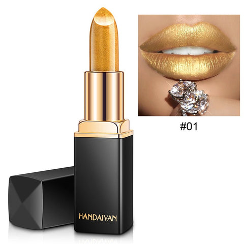 HANDAIYAN Lápiz labial metálico brillante Cambio de color nacarado Lápiz labial cálido Lápiz labial dorado