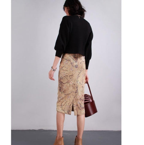 S-2XL Women Chinese Style High Waist Fashion Suede Knee-length Skirts Print Ladies Pencil Skirts Vintage