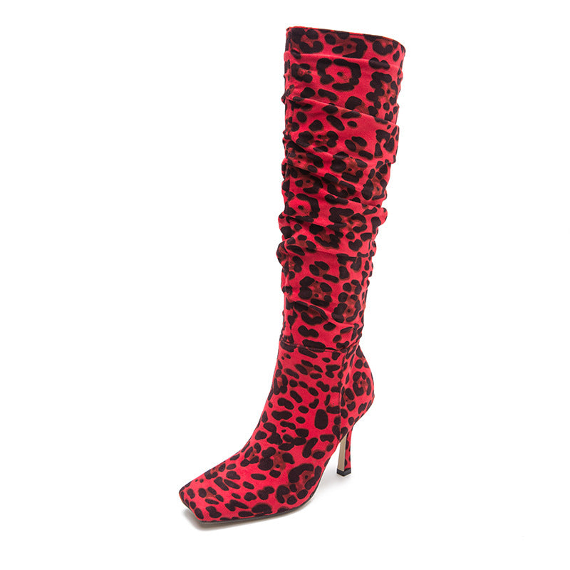 Botas de tacón alto con estampado de leopardo, botas de tacón fino con cabeza cuadrada para mujer, nuevo estilo, botas de tacón alto hasta la rodilla para otoño e invierno