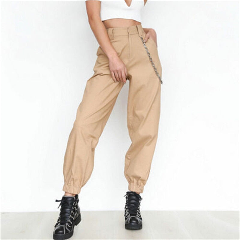 S-2XL pantalones de talla grande para mujer, pantalones Cargo informales de cintura alta, pantalones holgados de color caqui negro liso con bolsillos, pantalones de cintura elástica