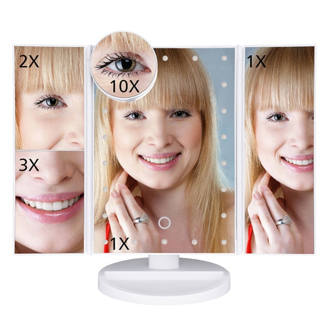 LED-Touchscreen, 22 Licht-Make-up-Spiegel, Tisch-Desktop-Make-up, 1 x/2 x/3 x/10 x Vergrößerungsspiegel, Kosmetikspiegel, 3 klappbarer verstellbarer Spiegel