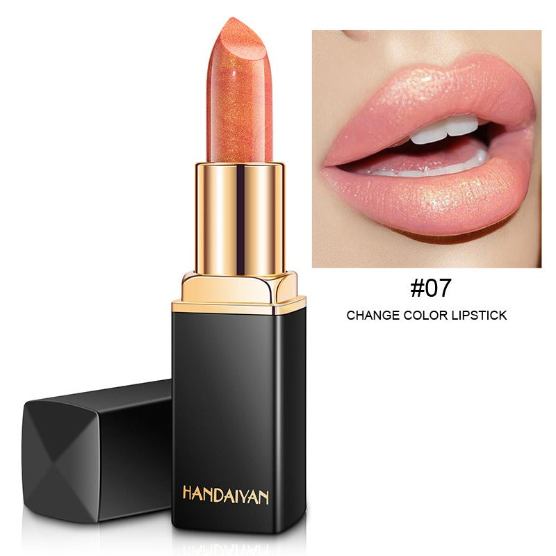 HANDAIYAN Lápiz labial metálico brillante Cambio de color nacarado Lápiz labial cálido Lápiz labial dorado