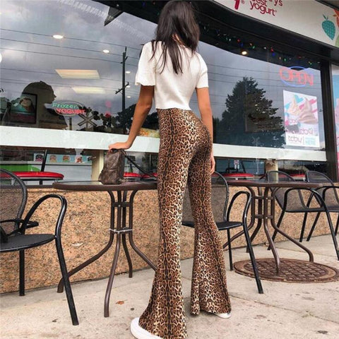 Winter Leopard Print Flare Pants Women Fashion Animal Print High Waist Pants Sexy Streetwear Trousers Women