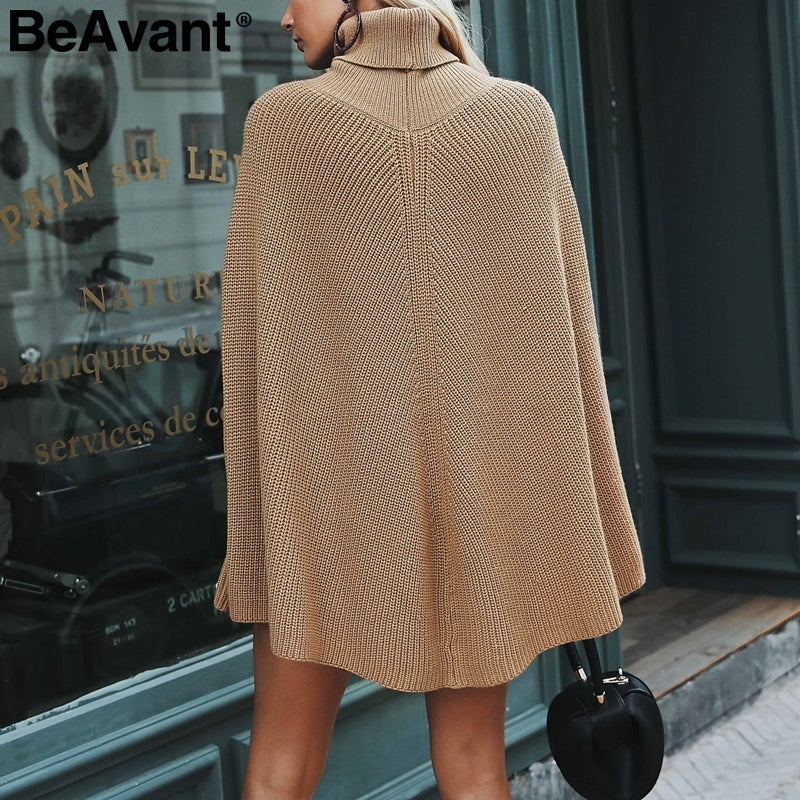 Turtleneck oversize knitted sweaters pullover Casual loose autumn sweaters Women black winter jumper female poncho