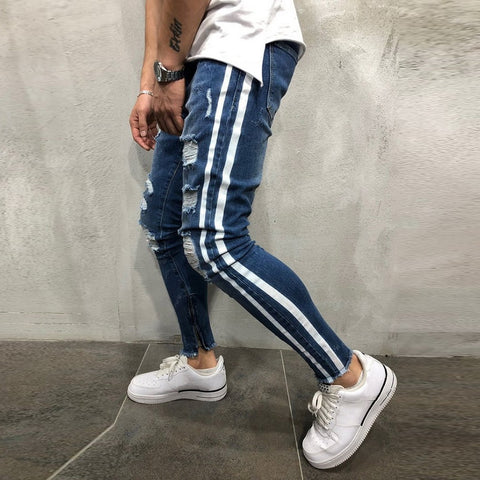 Ripped Side Striped Jeans Fashion Streetwear Mens Skinny Stretch Jeans