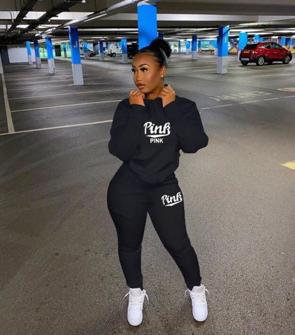 Fall Winter Tracksuits Two Piece Set Women Pink Letter Print Sport Casual Outfits Zip Sweatshirt Top+Pants Set Women Sweat Suits