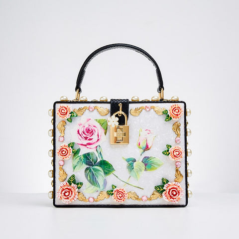 Schlangenleder Muster Box Abend Clutch Taschen Frauen Elegante Retro 3D Blumen Diamanten Hochzeit Geldbörse Damen Perlen Schulter Tasche 