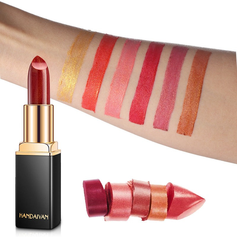 HANDAIYAN Lápiz labial metálico brillante Cambio de color nacarado Lápiz labial cálido Lápiz labial dorado