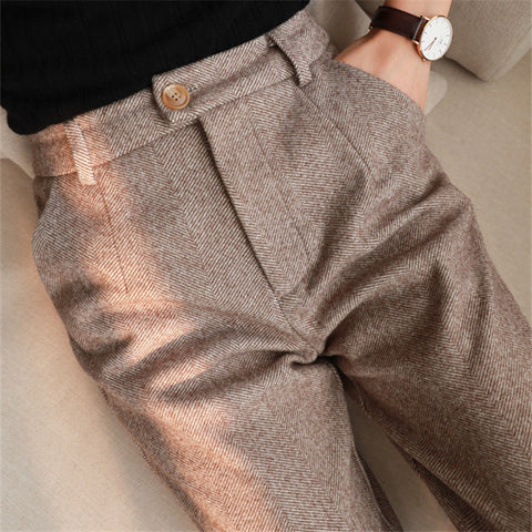 Pantalones de lana en espiga, pantalones de tubo Harem para mujer, pantalones de traje informales de cintura alta para otoño e invierno, pantalones de oficina para mujer 