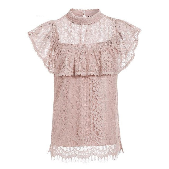 O neck lace hollow out women blouse shirt Embroidery ruffle lining elegant blouses female Summer party blouses and tops