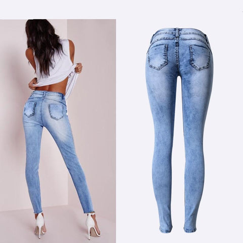 Low Waist Sky Blue Patchwork Skinny Tights Pencil Jeans