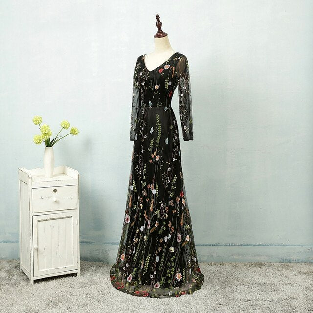 Flowers Embroidery Long Sleeves Evening Dress