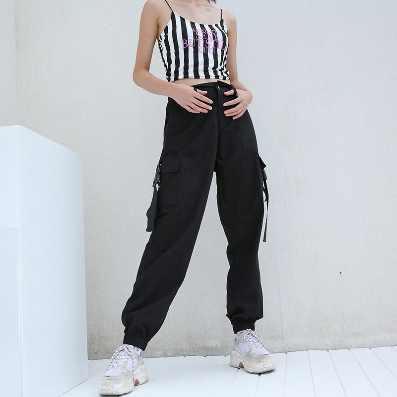 Pantalones Cargo negros de cintura alta con bolsillos para mujer, ropa informal suelta de retazos, pantalones pitillo de moda Hip Hop para mujer 