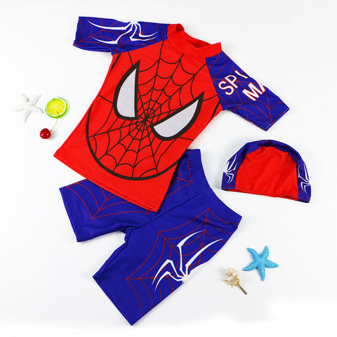 Children's Swimsuit Boy Student Swimming Trunks Split Sunscreen Plus Size Baby Swimwear Three-Piece Spiderman Swimsuit