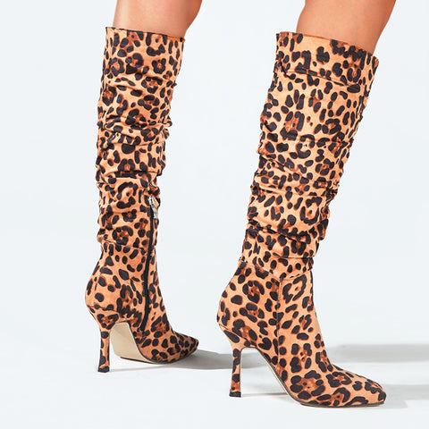 Leoparden-Druck-Stiefel mit hohen Absätzen, quadratischer Kopf, dünner Absatz, Stiefel für Damen, neuer Stil, Herbst und Winter, Stiefel mit hohen Absätzen, kniehohe Stiefel