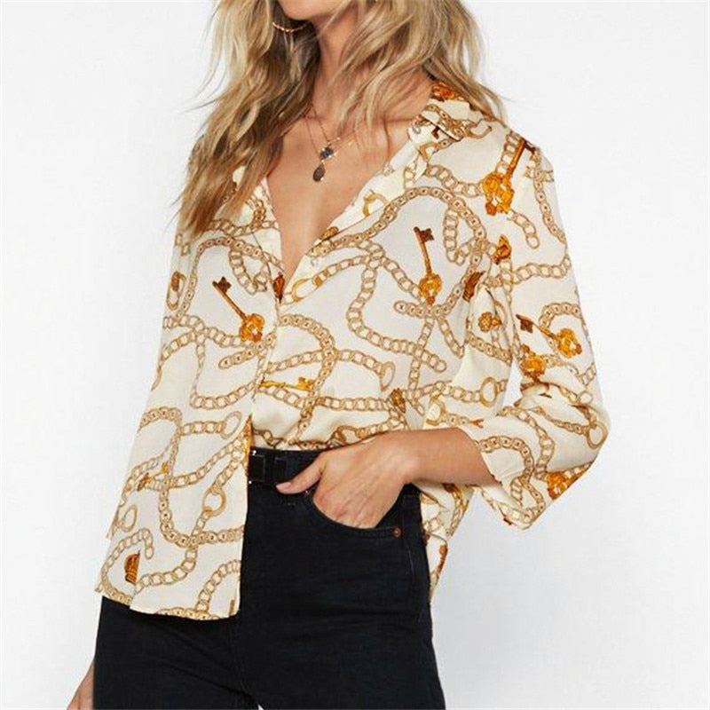 Women Blouses Chain Print Summer Chiffon Blouse Turn Down Collar Office Shirts Loose Casual Tops