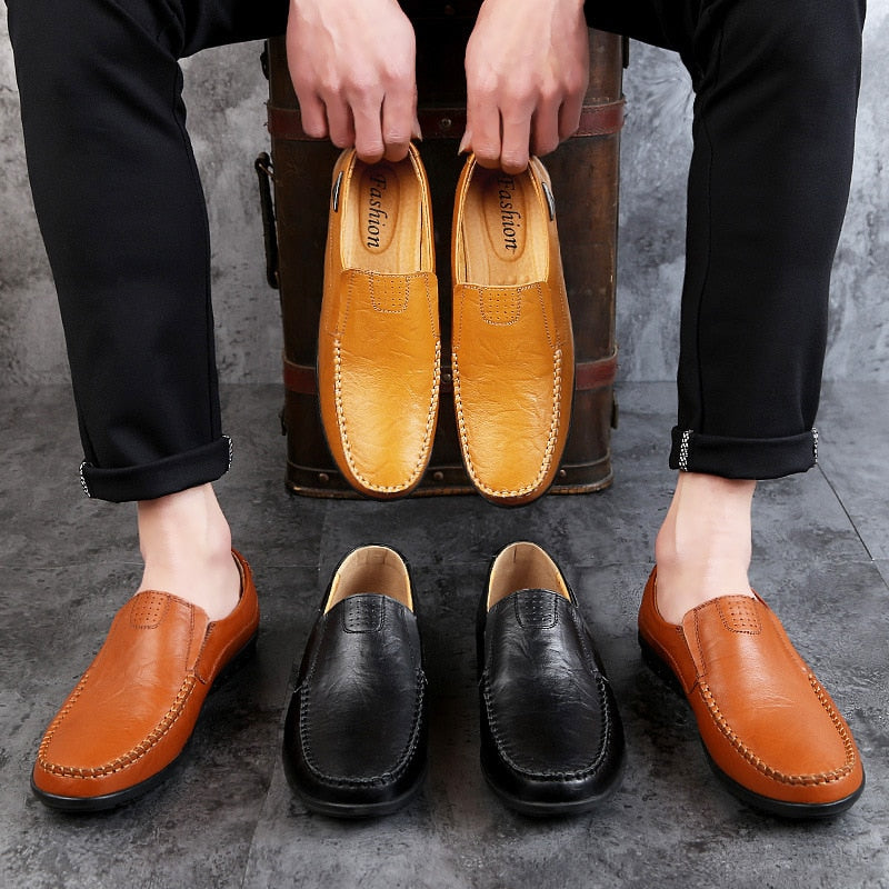 Mocasines de cuero genuino para hombre, zapatos planos negros para hombre, mocasines italianos informales transpirables, cómodos de talla grande 