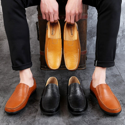 Herren-Mokassin-Schuhe aus echtem Leder, schwarze Herren-Wohnungen, atmungsaktiv, lässig, italienische Slipper, bequem, Übergröße 