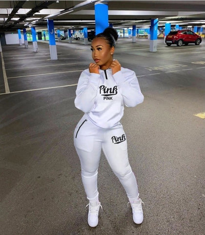 Fall Winter Tracksuits Two Piece Set Women Pink Letter Print Sport Casual Outfits Zip Sweatshirt Top+Pants Set Women Sweat Suits