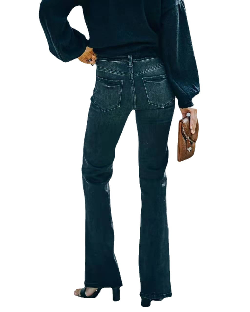 Fashion High Waist Stretch Flare Jeans Women Trousers Black