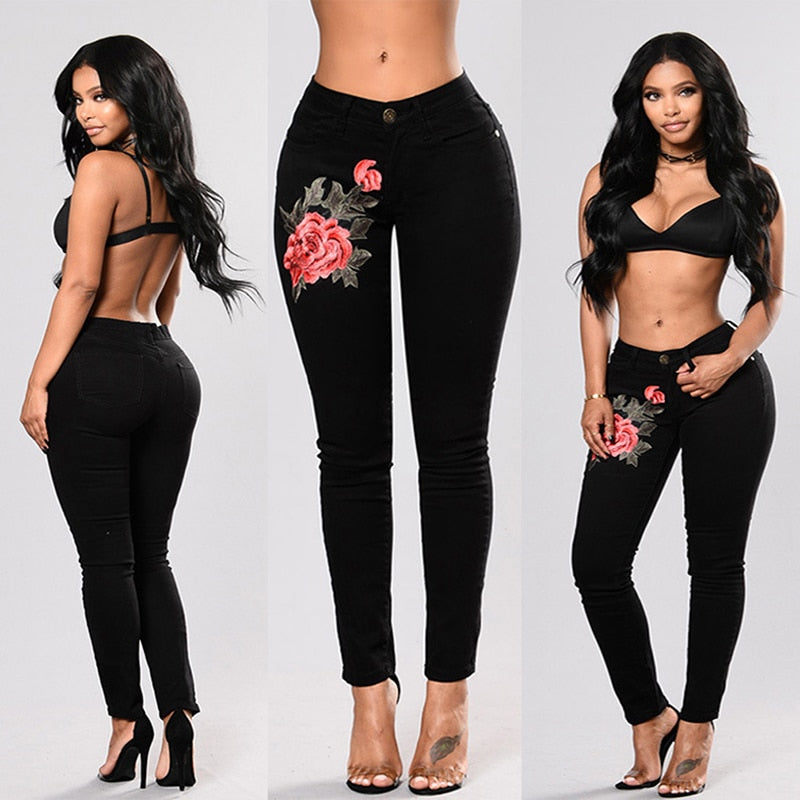 Elastic Flower Jeans Female Slim Denim Pants