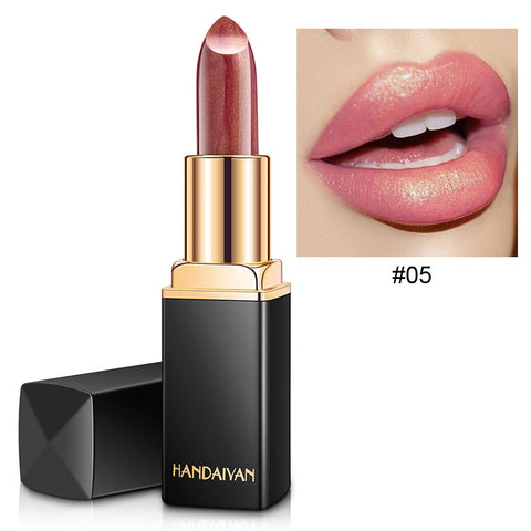 HANDAIYAN Lápiz labial metálico brillante Cambio de color nacarado Lápiz labial cálido Lápiz labial dorado