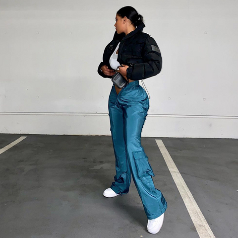 High Waist Solid Ruched Pockets Flare Cargo Pants Spring Summer Women Fashion Sexy Streetwear Casual Trouser