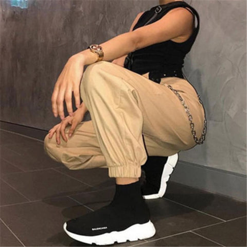 S-2XL Plus Größe Hosen Frauen Casual Hohe Taille Cargo Hosen Frauen Lose Solid Black Khaki Hosen Taschen Elastische Taille Böden