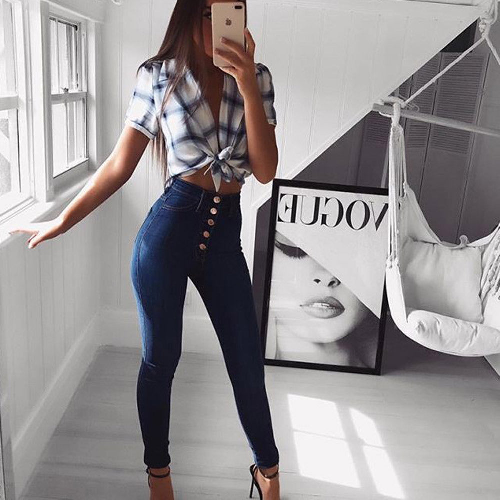 High Waist Hip Lift Slim Breasted Jeans