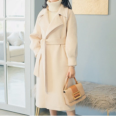 Plus size loose warm wool blends long winter coat turn-down collar adjustable belt wool coats women office work wear elegant