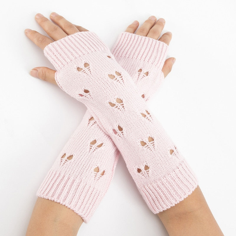 Guantes de mujer con estilo calentador de manos guantes de invierno para mujer brazo tejido de ganchillo corazón hueco manoplas cálidos guantes sin dedos