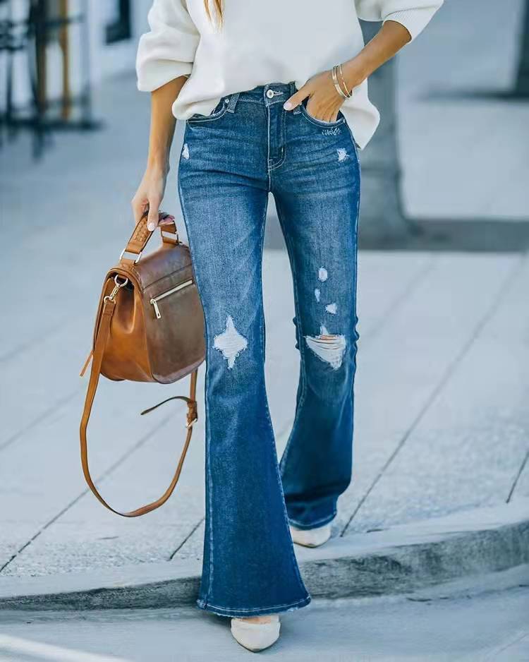 Wash Micro Flare Stretch Ripped Jeans