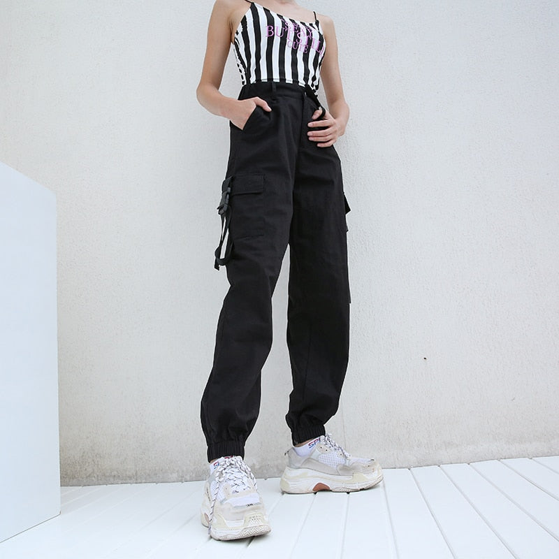 Black High Waist Cargo Pants Women Pockets Patchwork Loose Streetwear Pencil Pants Fashion Hip Hop Women's Trousers