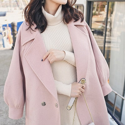 Plus size loose warm wool blends long winter coat turn-down collar adjustable belt wool coats women office work wear elegant