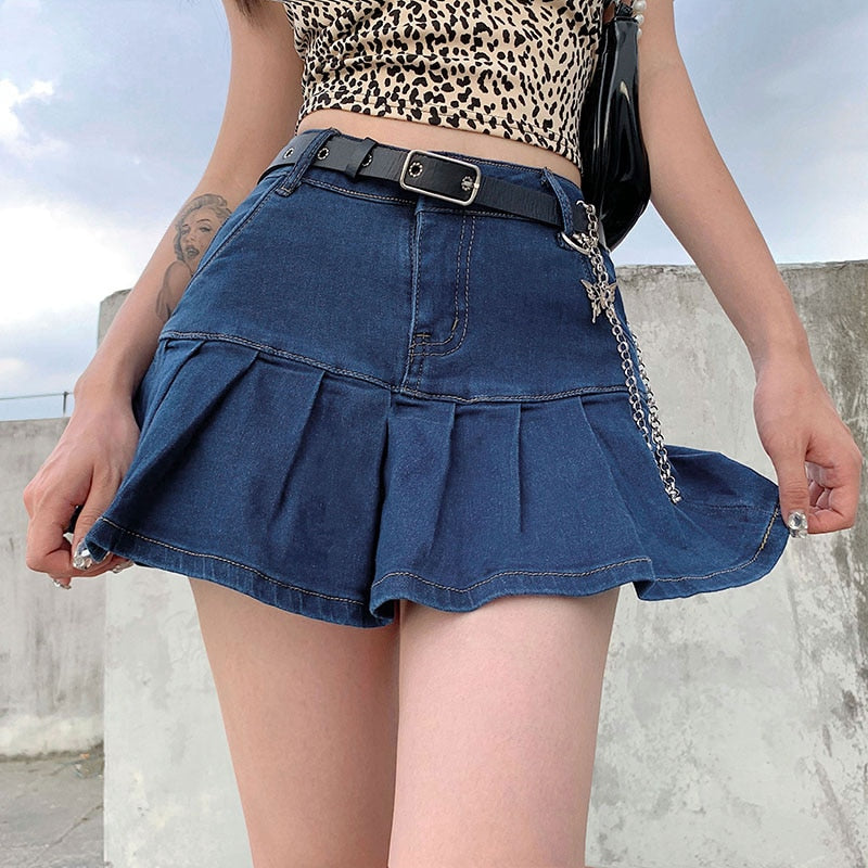 Minifalda vaquera plisada Harajuku Punk Y2K para mujer, pantalones vaqueros de cintura alta, pantalones cortos, faldas con volantes, moda coreana