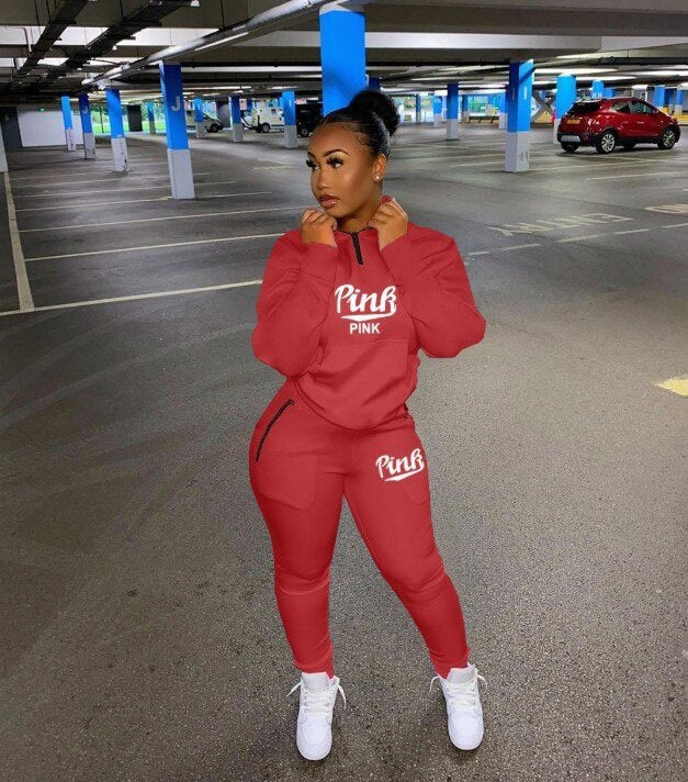 Fall Winter Tracksuits Two Piece Set Women Pink Letter Print Sport Casual Outfits Zip Sweatshirt Top+Pants Set Women Sweat Suits