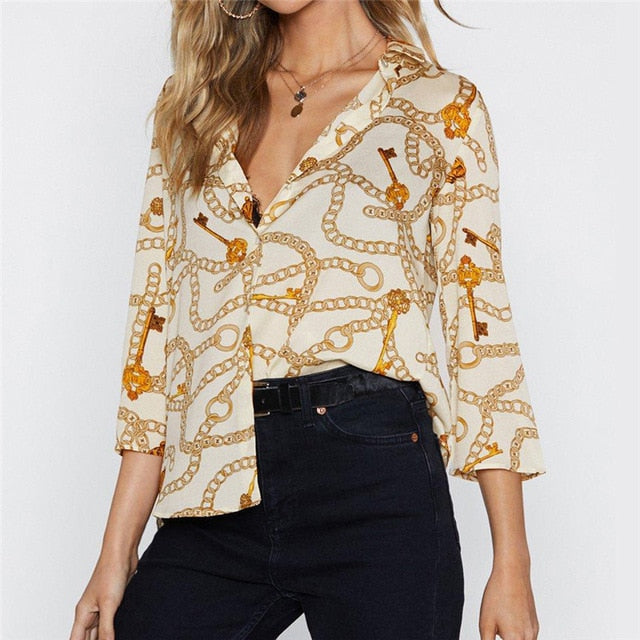 Women Blouses Chain Print Summer Chiffon Blouse Turn Down Collar Office Shirts Loose Casual Tops